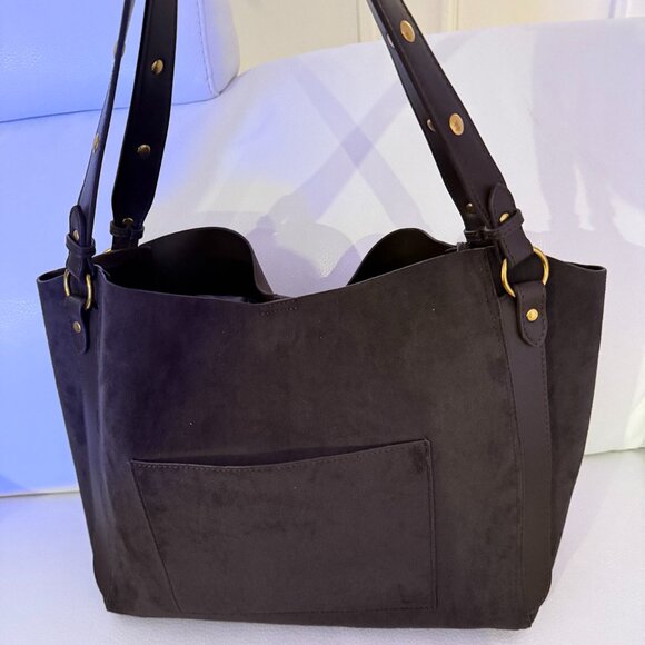 NWT HOUSE OF HARLOW 1960 LUXE TOTE SHOULDER BAG HOBO CARD CASE BROWN FAUX SUEDE - Picture 3 of 8